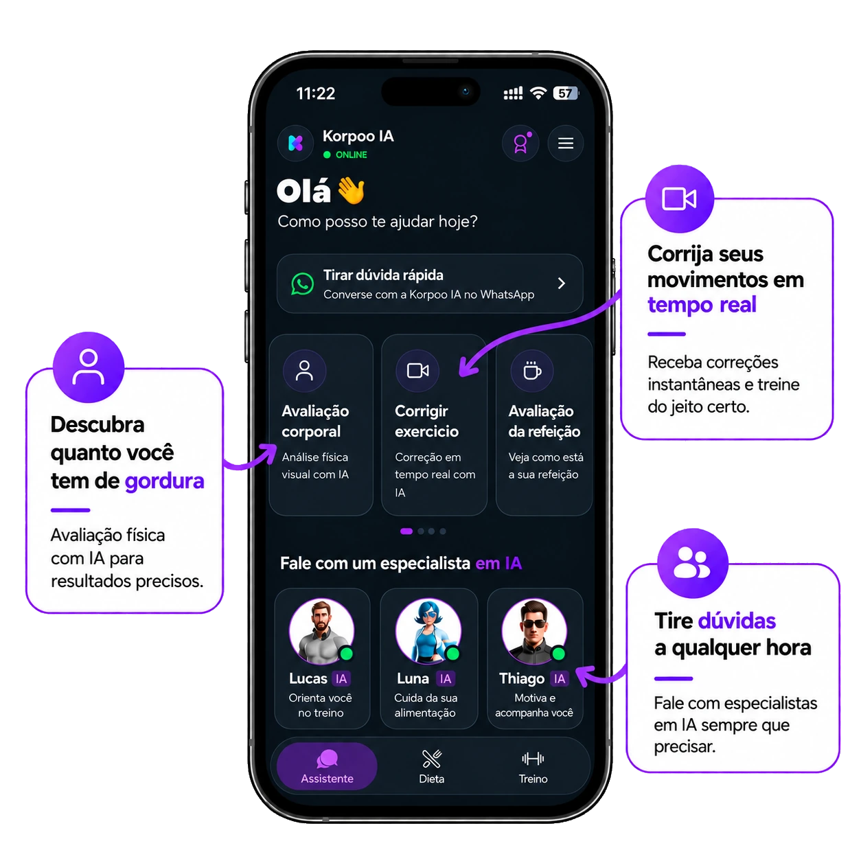 Aplicativo Korpoo com avaliação corporal, correção de exercícios em tempo real e agentes de inteligência artificial
